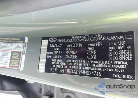 2022 Hyundai Santa Cruz Sel from USA, damaged, VIN 5NTJBDAE9NH024745